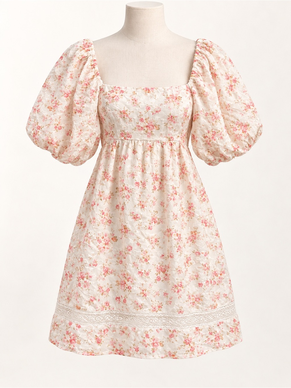 Altar’d State Floral Puff-Sleeve Dress in Cream and Pink